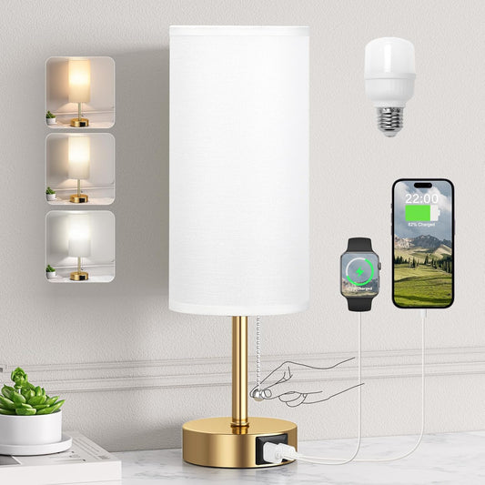 Gold Bedside Lamp with USB Charging Port - Small Table Lamp for Bedroom, 3 Color Temperatures Night Stand Light - Perfect for Living Room or Dorm Room