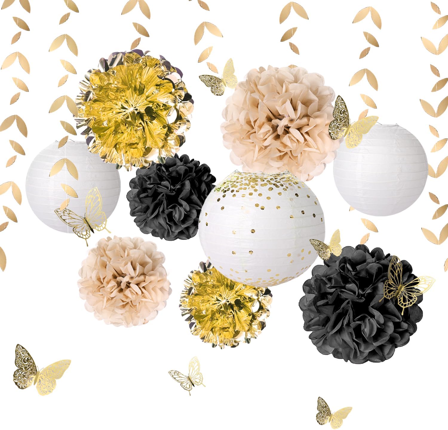 Gold Black Paper Lanterns, Pom Poms, Butterfly Stickers & Leaf Garland for Wedding Party Decor - Birthday, Engagement, Bridal