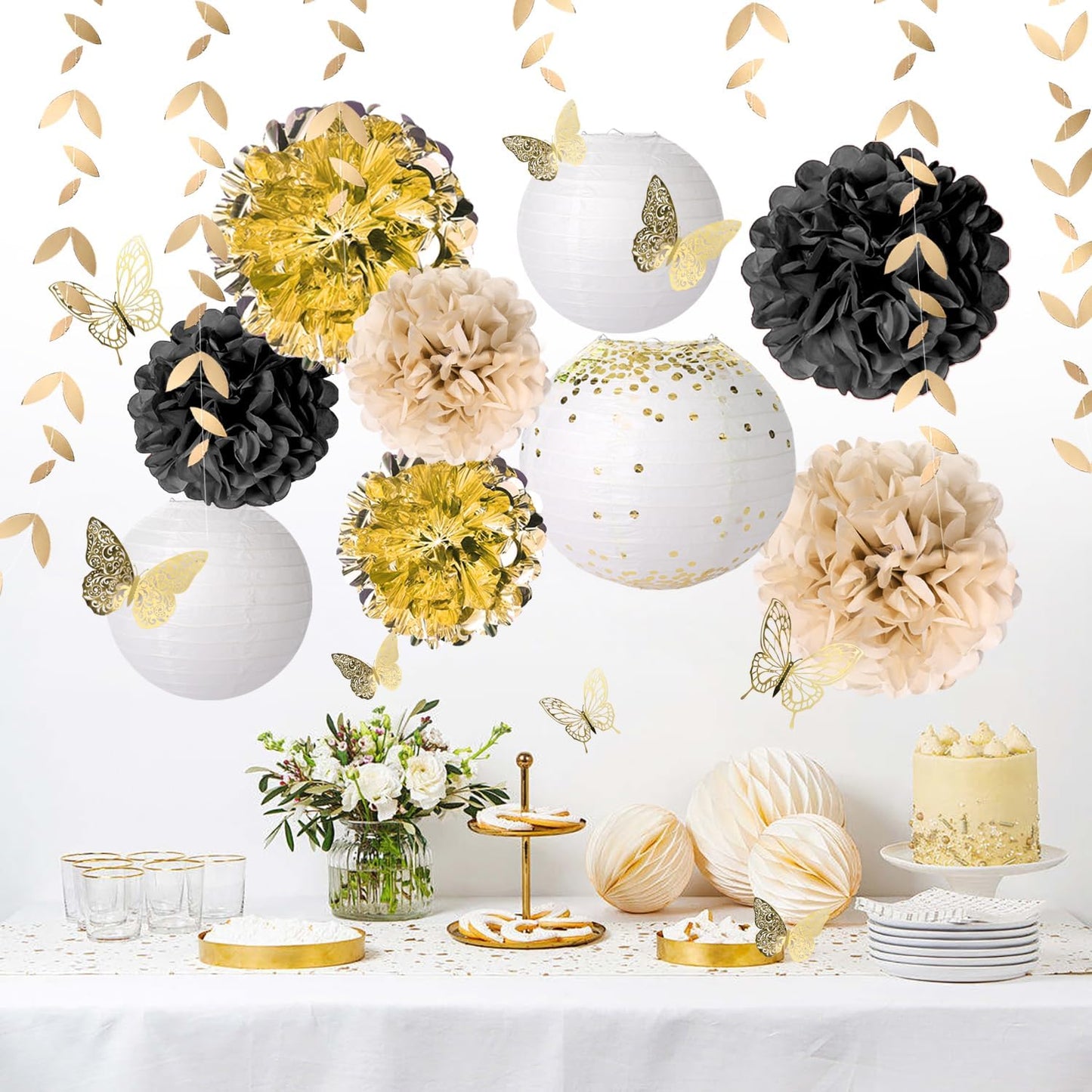 Gold Black Paper Lanterns, Pom Poms, Butterfly Stickers & Leaf Garland for Wedding Party Decor - Birthday, Engagement, Bridal