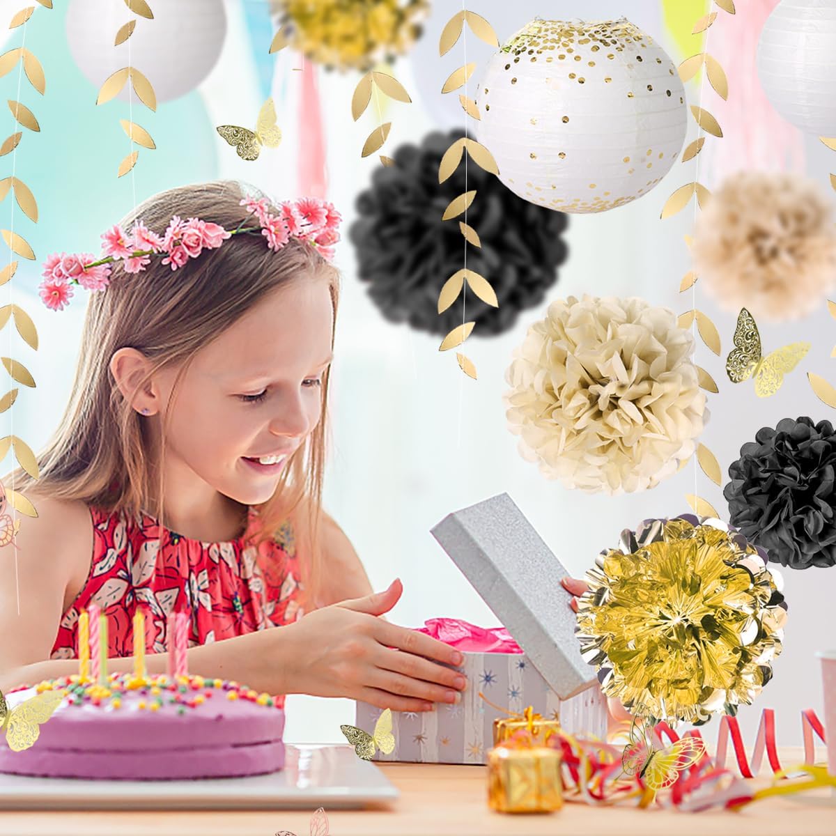 Gold Black Paper Lanterns, Pom Poms, Butterfly Stickers & Leaf Garland for Wedding Party Decor - Birthday, Engagement, Bridal