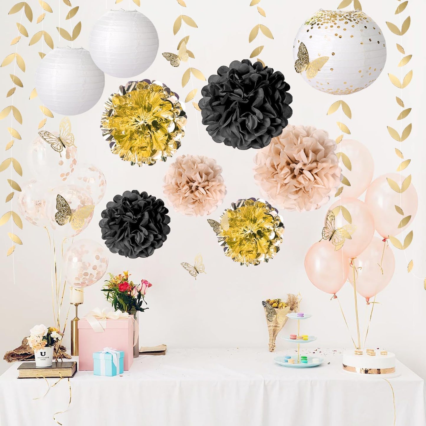 Gold Black Paper Lanterns, Pom Poms, Butterfly Stickers & Leaf Garland for Wedding Party Decor - Birthday, Engagement, Bridal