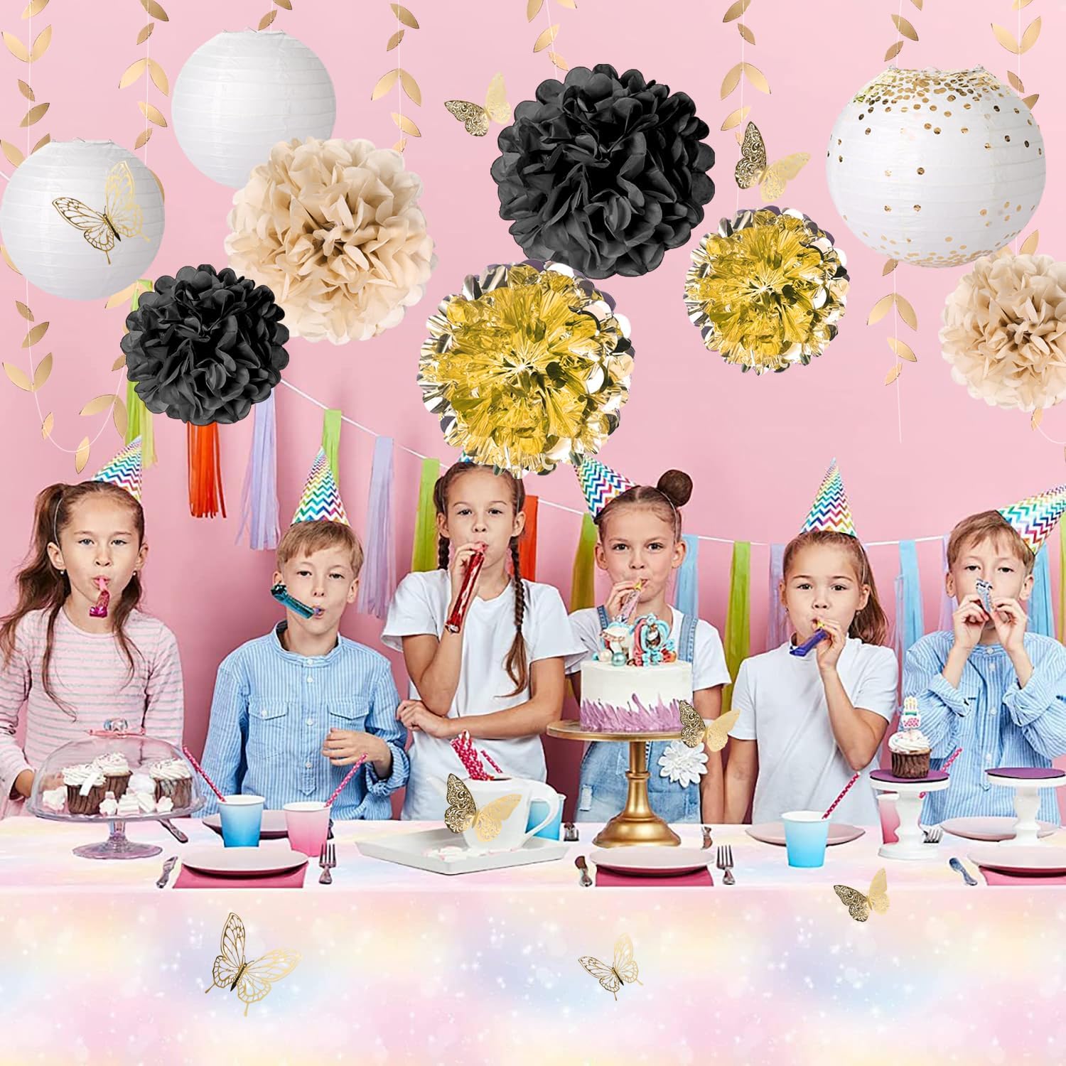 Gold Black Paper Lanterns, Pom Poms, Butterfly Stickers & Leaf Garland for Wedding Party Decor - Birthday, Engagement, Bridal