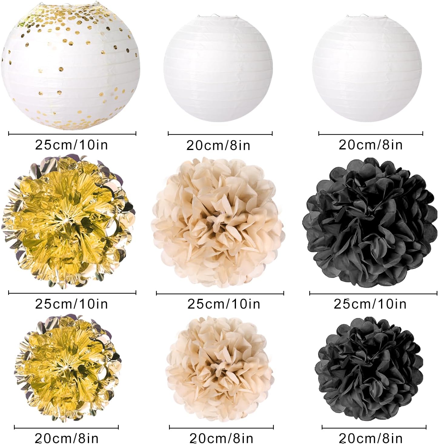 Gold Black Paper Lanterns, Pom Poms, Butterfly Stickers & Leaf Garland for Wedding Party Decor - Birthday, Engagement, Bridal