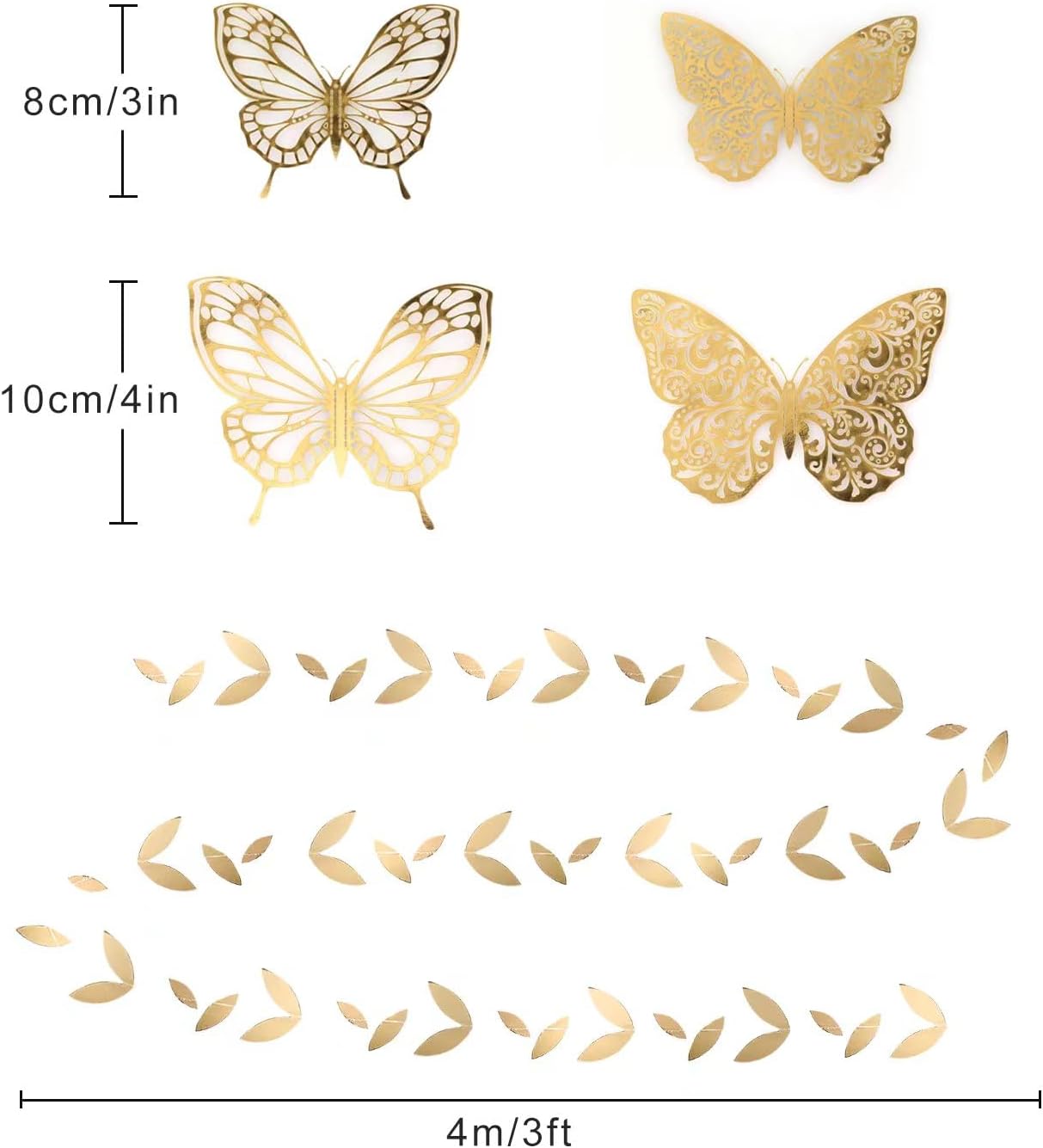 Gold Black Paper Lanterns, Pom Poms, Butterfly Stickers & Leaf Garland for Wedding Party Decor - Birthday, Engagement, Bridal