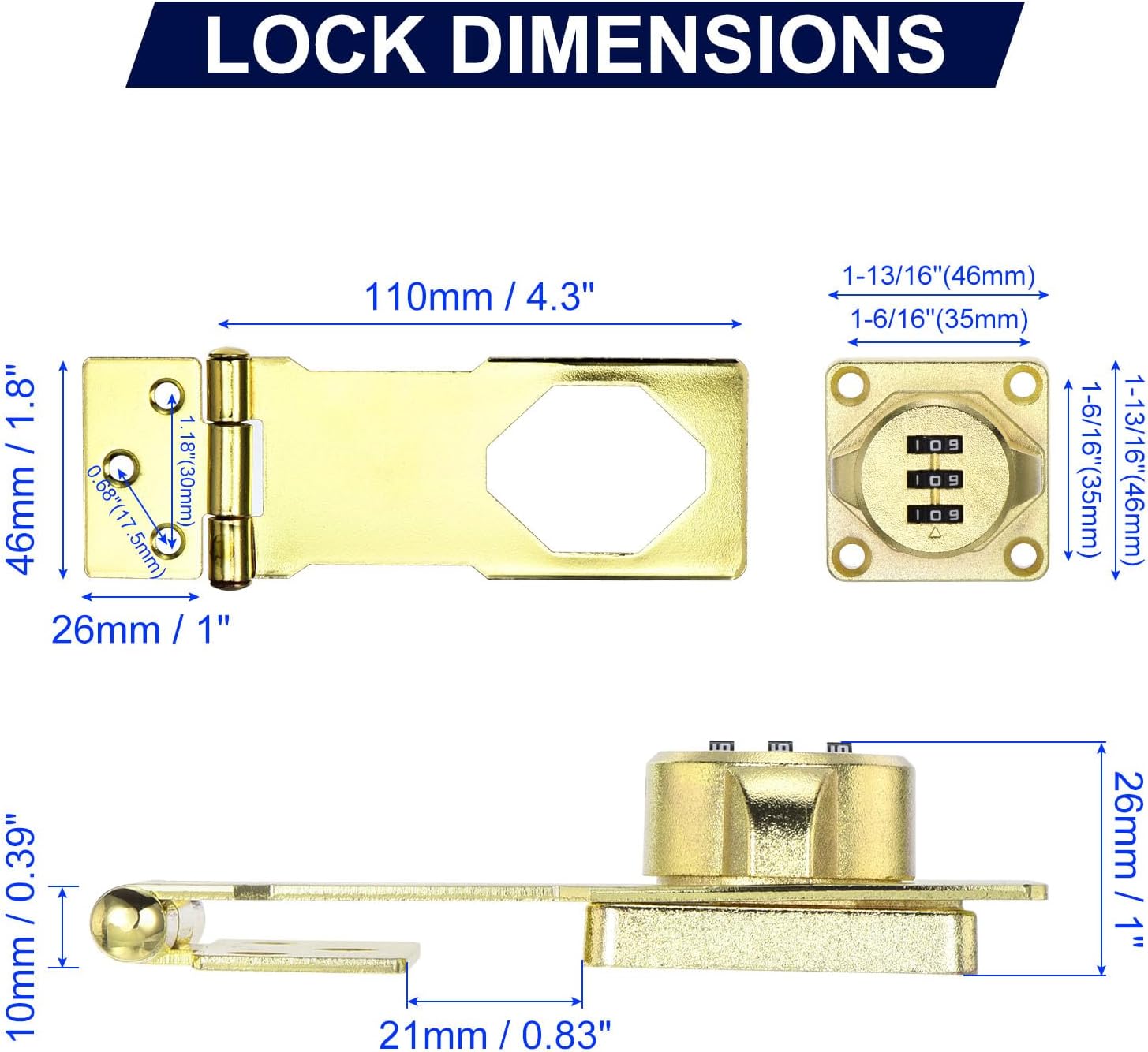 Gold Combination Latch Lock for Drawer Cabinet - PATIKIL Cabinet Password Lock with 3 Digit Security Code - Anti-Theft Keyless Hasp Locks