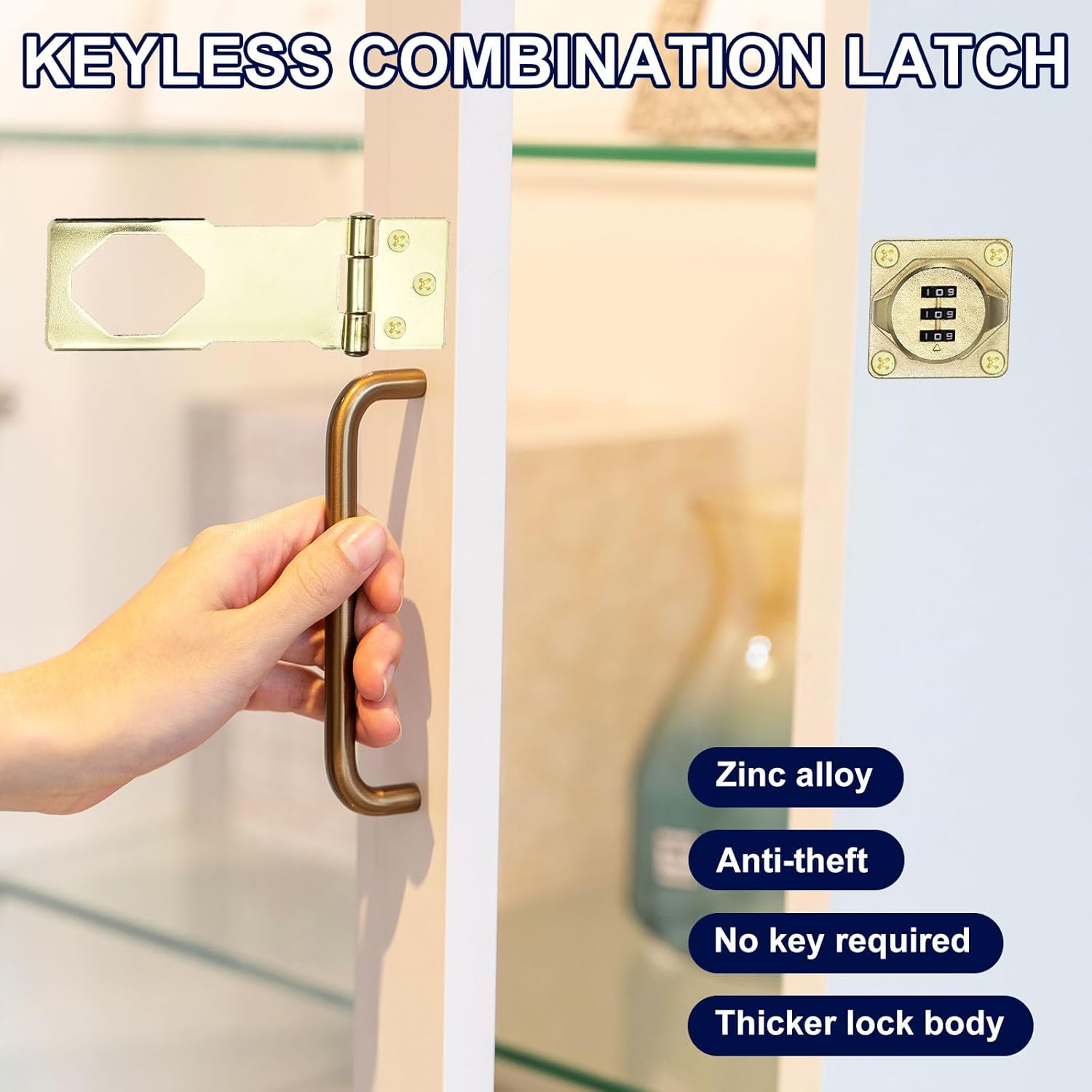 Gold Combination Latch Lock for Drawer Cabinet - PATIKIL Cabinet Password Lock with 3 Digit Security Code - Anti-Theft Keyless Hasp Locks