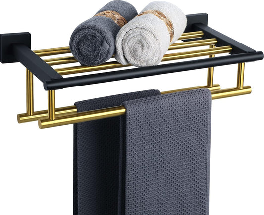 Gold Finish Stainless Steel Towel Rack with Double Bars for Bathroom Wall Mount - 16 Inch