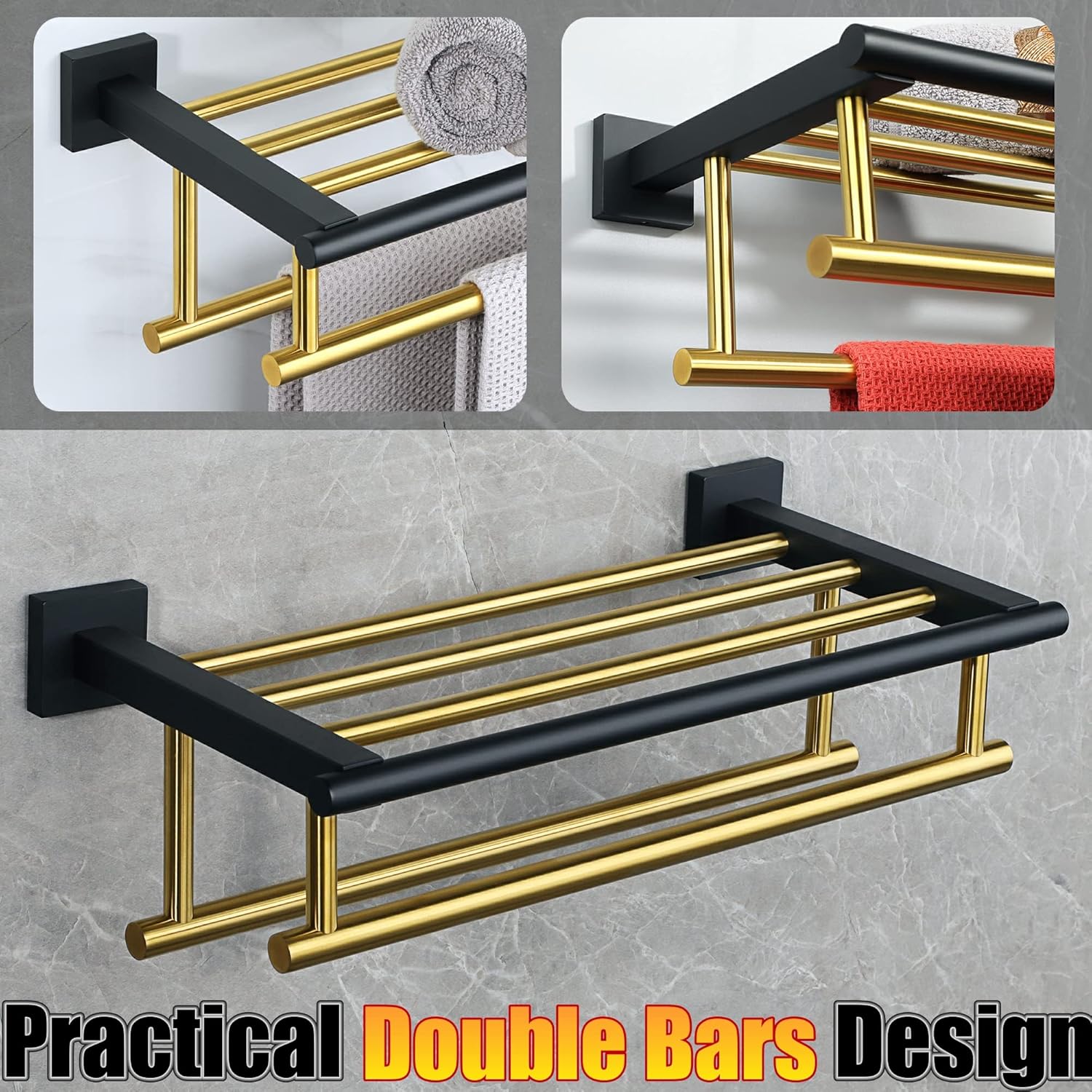 Gold Finish Stainless Steel Towel Rack with Double Bars for Bathroom Wall Mount - 16 Inch