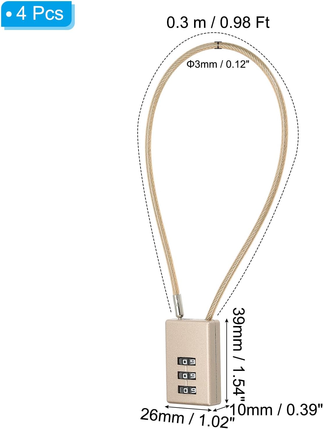 Gold Helmet Padlock Cable Lock 4 Pack with 3 Digit Combination for Bike Locker and Travel Luggage