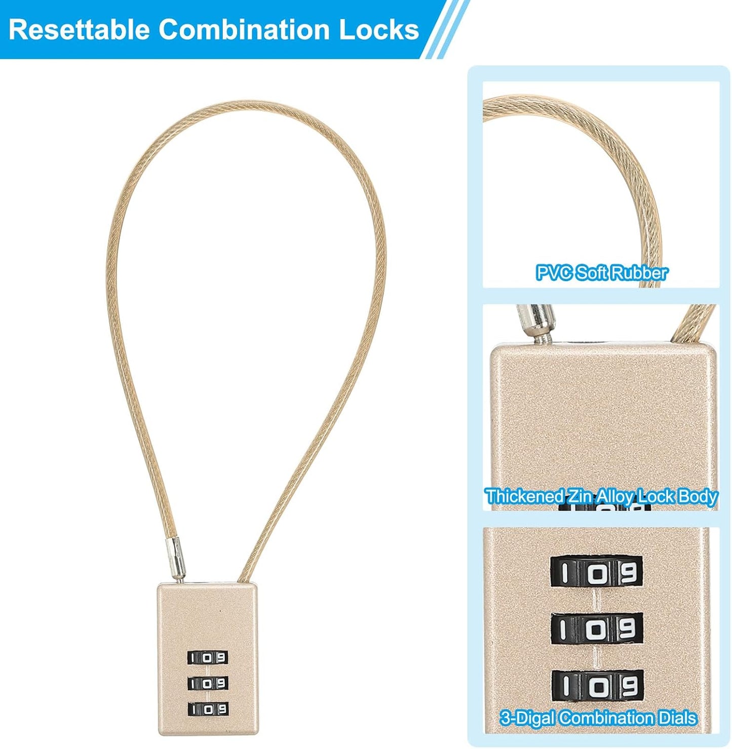 Gold Helmet Padlock Cable Lock 4 Pack with 3 Digit Combination for Bike Locker and Travel Luggage
