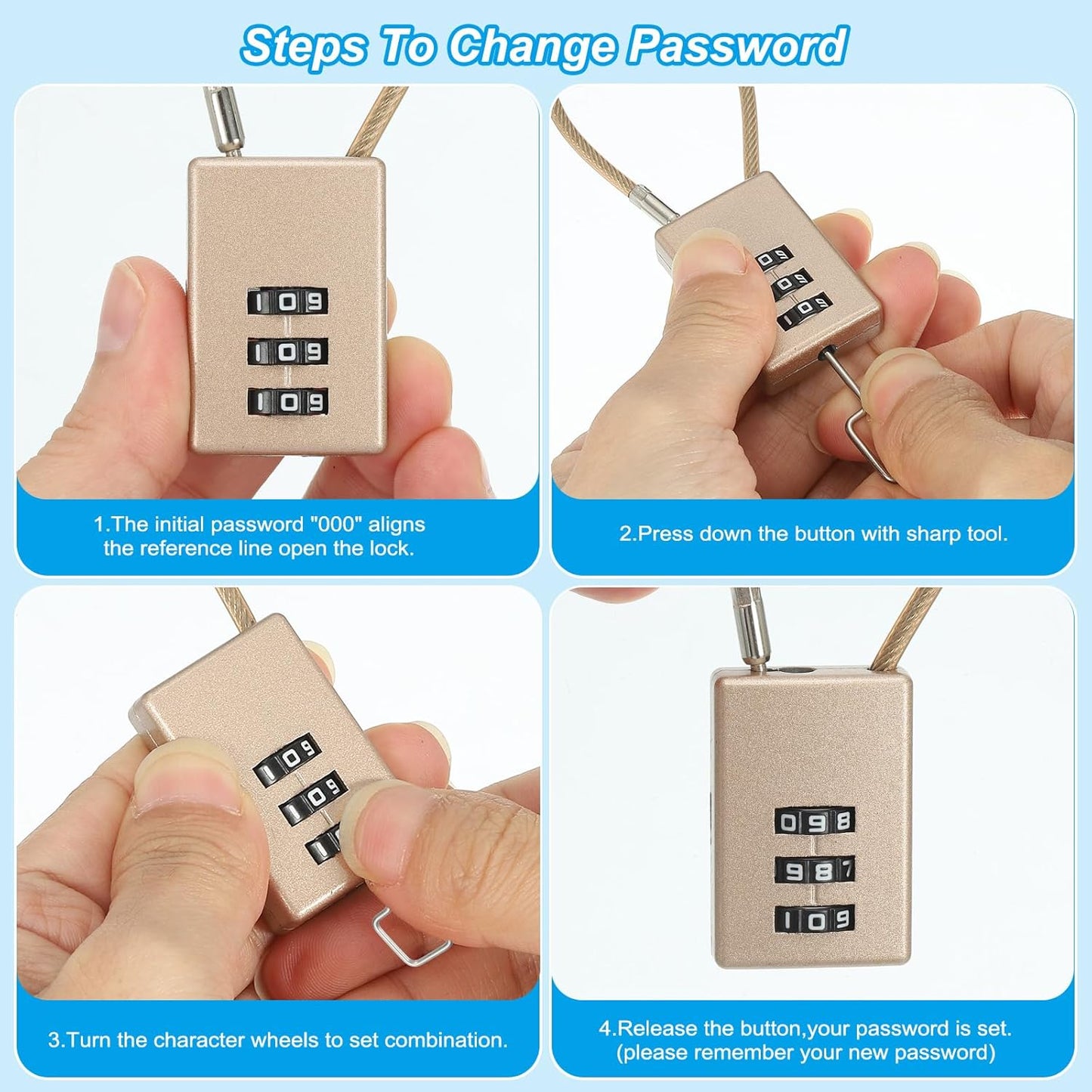 Gold Helmet Padlock Cable Lock 4 Pack with 3 Digit Combination for Bike Locker and Travel Luggage