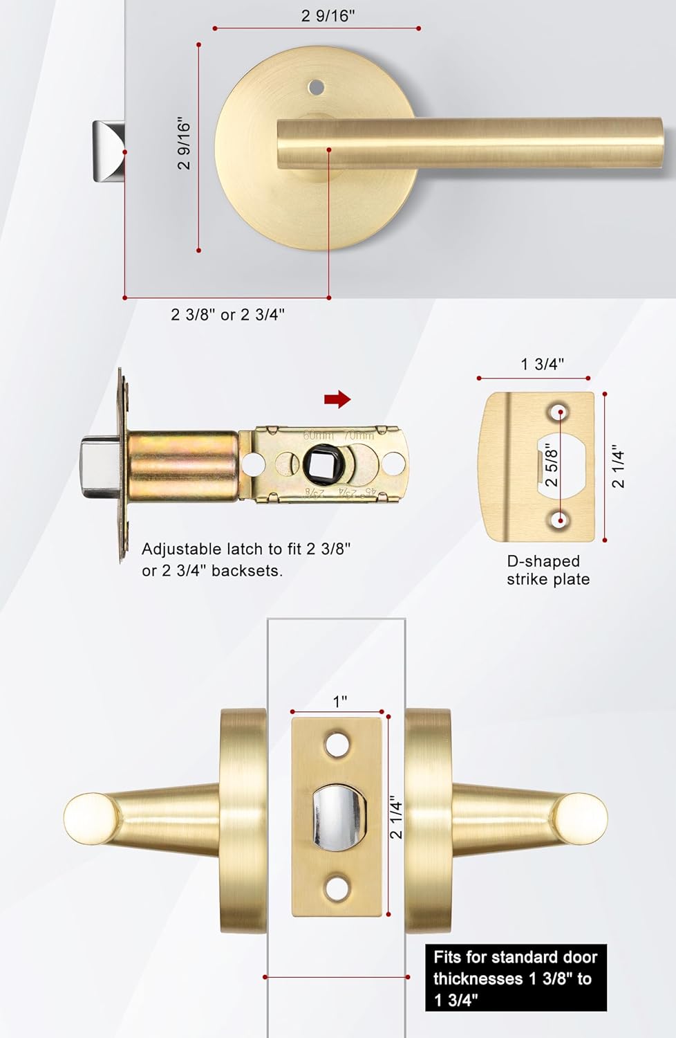 Gold Interior Door Handles Set, Brushed Gold Privacy Lever Handles for Bedroom and Bathroom, Heavy Duty Pack