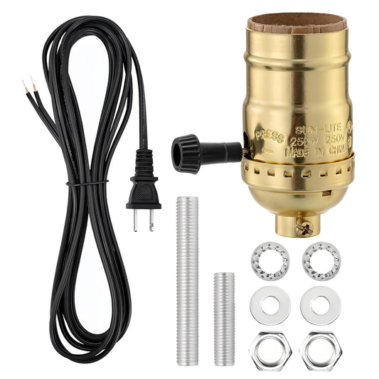 Gold Lamp Rewire Kit with 10ft Cord, 3-Way Socket, Essential Hardware - DIY Table/Floor Lamps Repair Kit