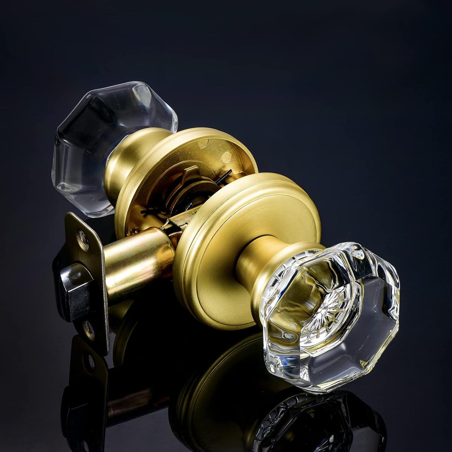 Gold Octagon Crystal Glass Passage Door Knob Set for Hall Closet with Satin Brass Finish
