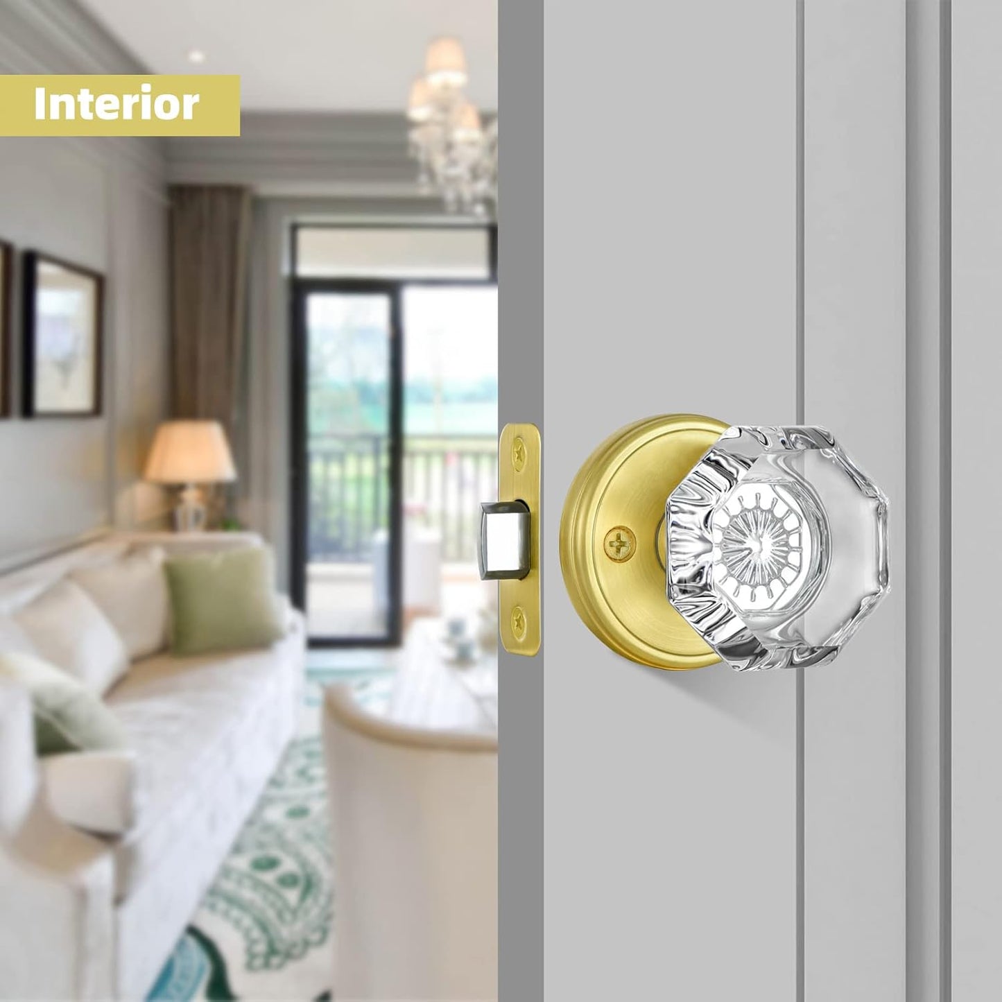 Gold Octagon Crystal Glass Passage Door Knob Set for Hall Closet with Satin Brass Finish