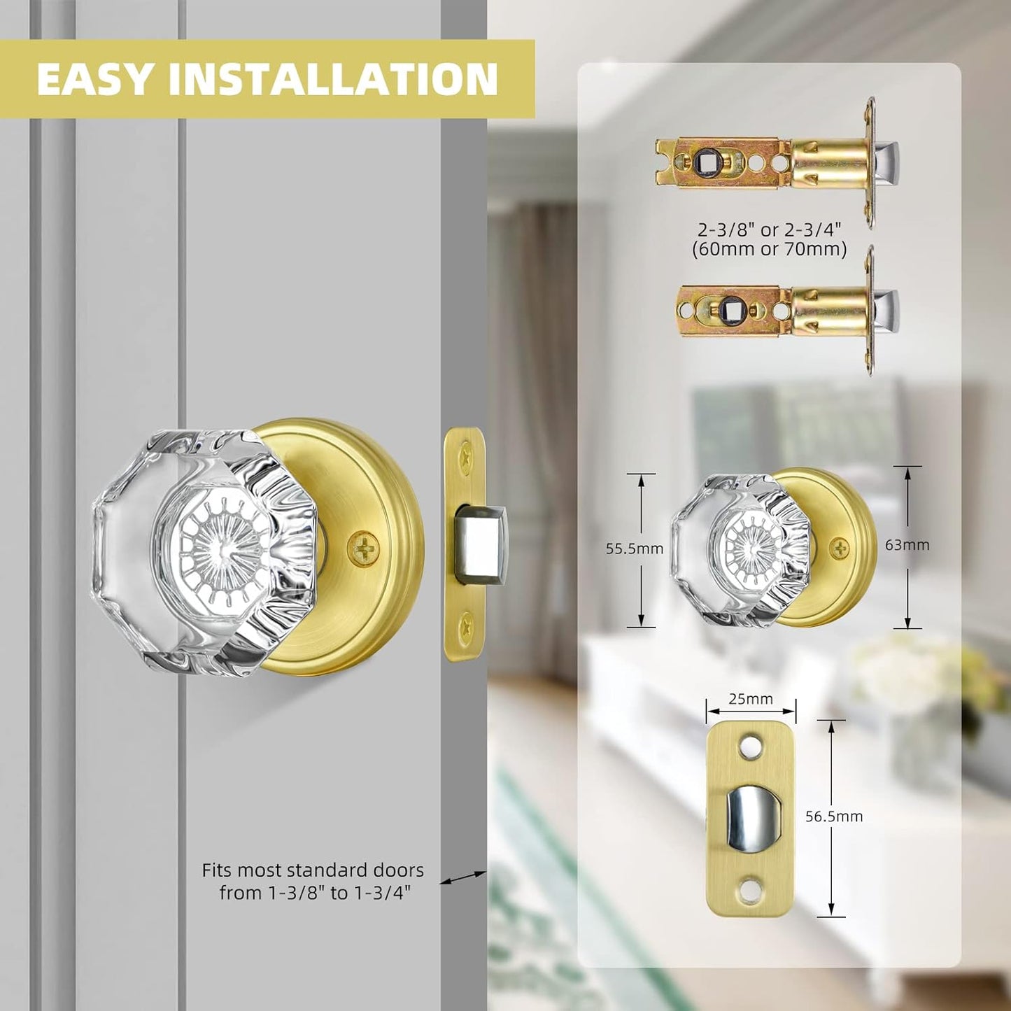 Gold Octagon Crystal Glass Passage Door Knob Set for Hall Closet with Satin Brass Finish