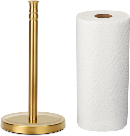 Gold Paper Towel Holder Stand for Countertop - One-Hand Tearing, Fits Standard Paper Rolls - Gold Finish