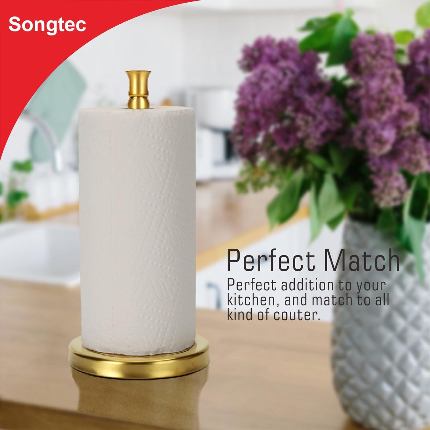Gold Paper Towel Holder Stand for Countertop - One-Hand Tearing, Fits Standard Paper Rolls - Gold Finish