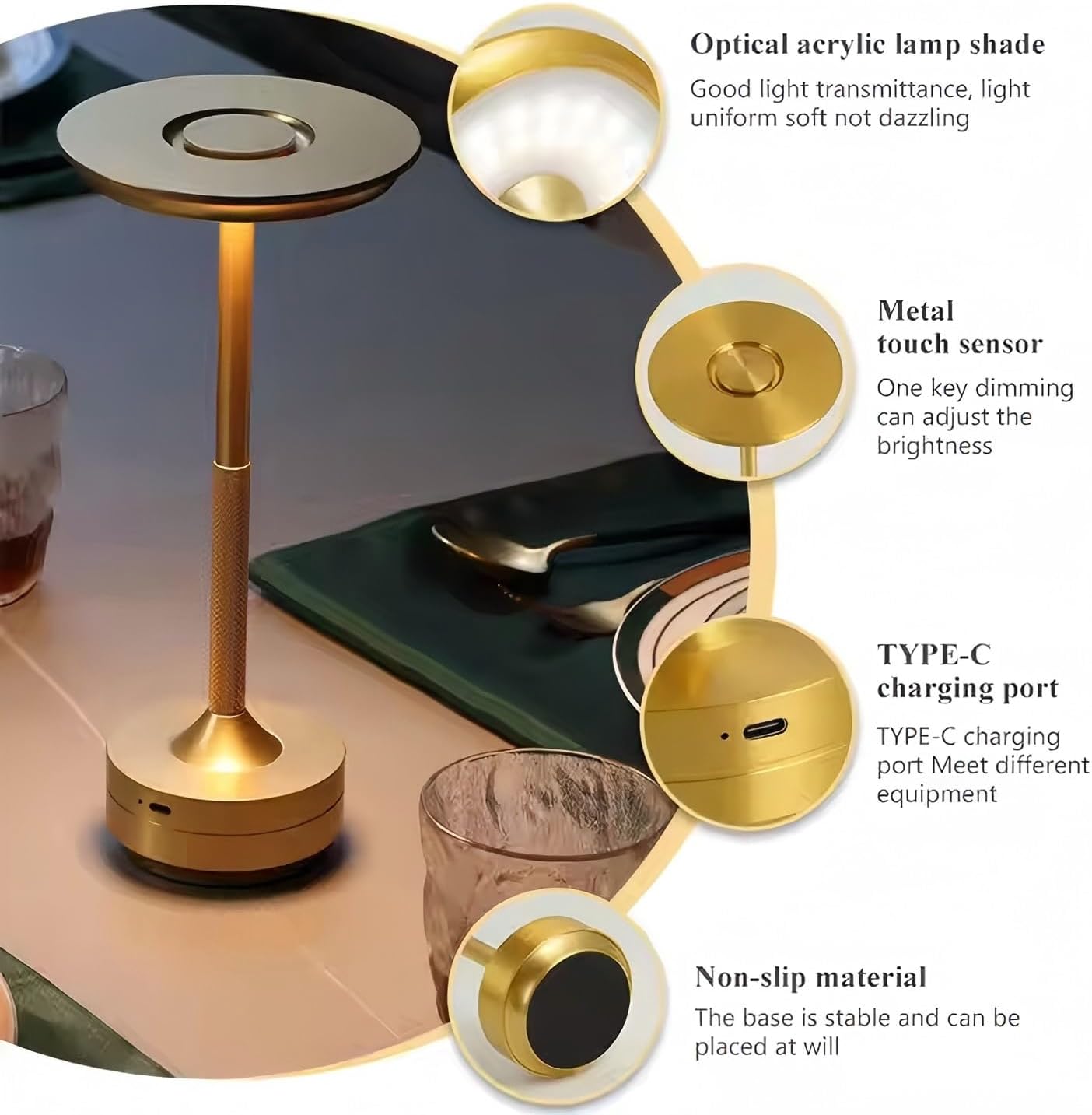 Gold Portable LED Table Lamp with Touch Sensor, Stepless Dimming, 5000mAh Battery - Night Light for Kids Nursery, Nightstand & Bedside Lamp