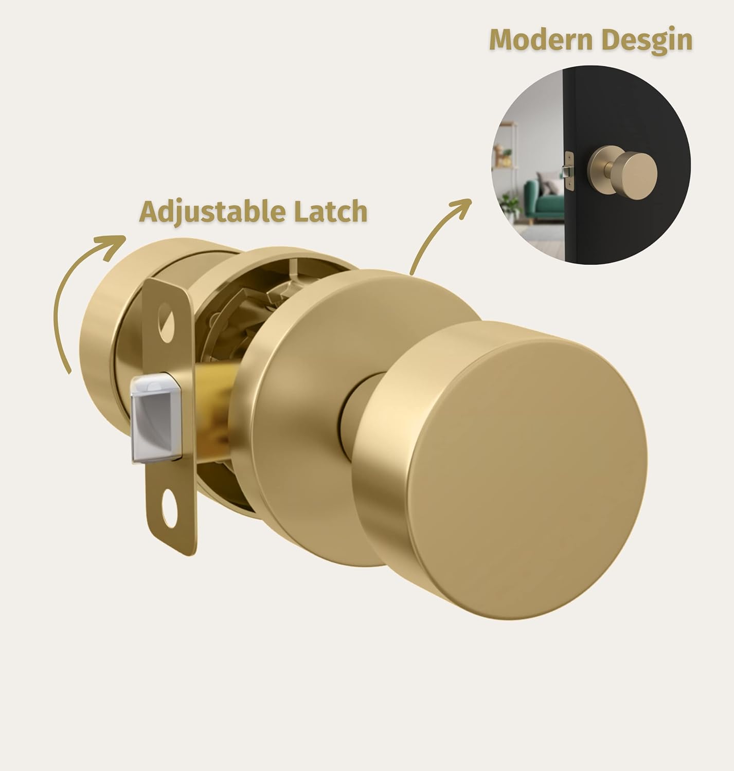 Gold Reversible Heavy Duty Door Knob for Hallway, Closet, Bathroom - Fits Standard Doors - Screws Included