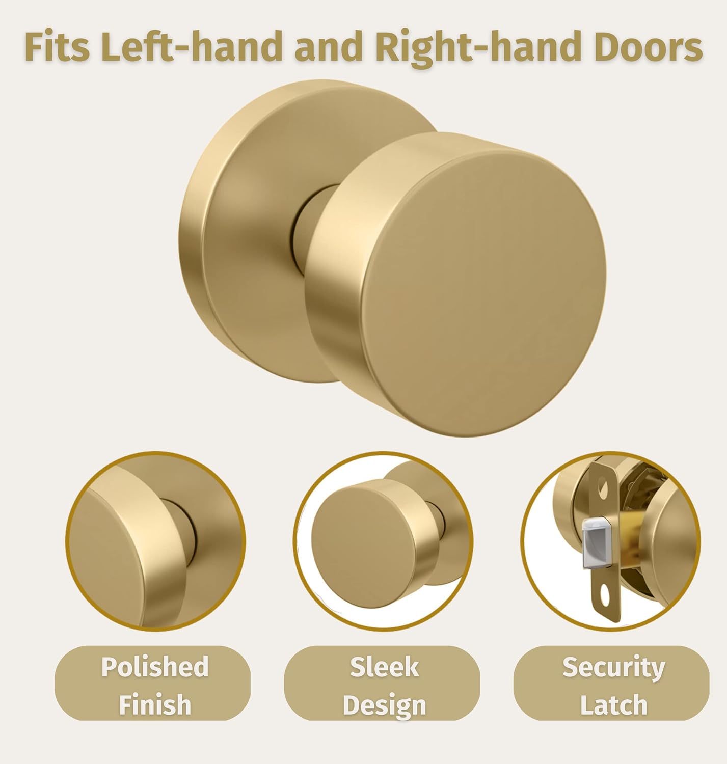 Gold Reversible Heavy Duty Door Knob for Hallway, Closet, Bathroom - Fits Standard Doors - Screws Included