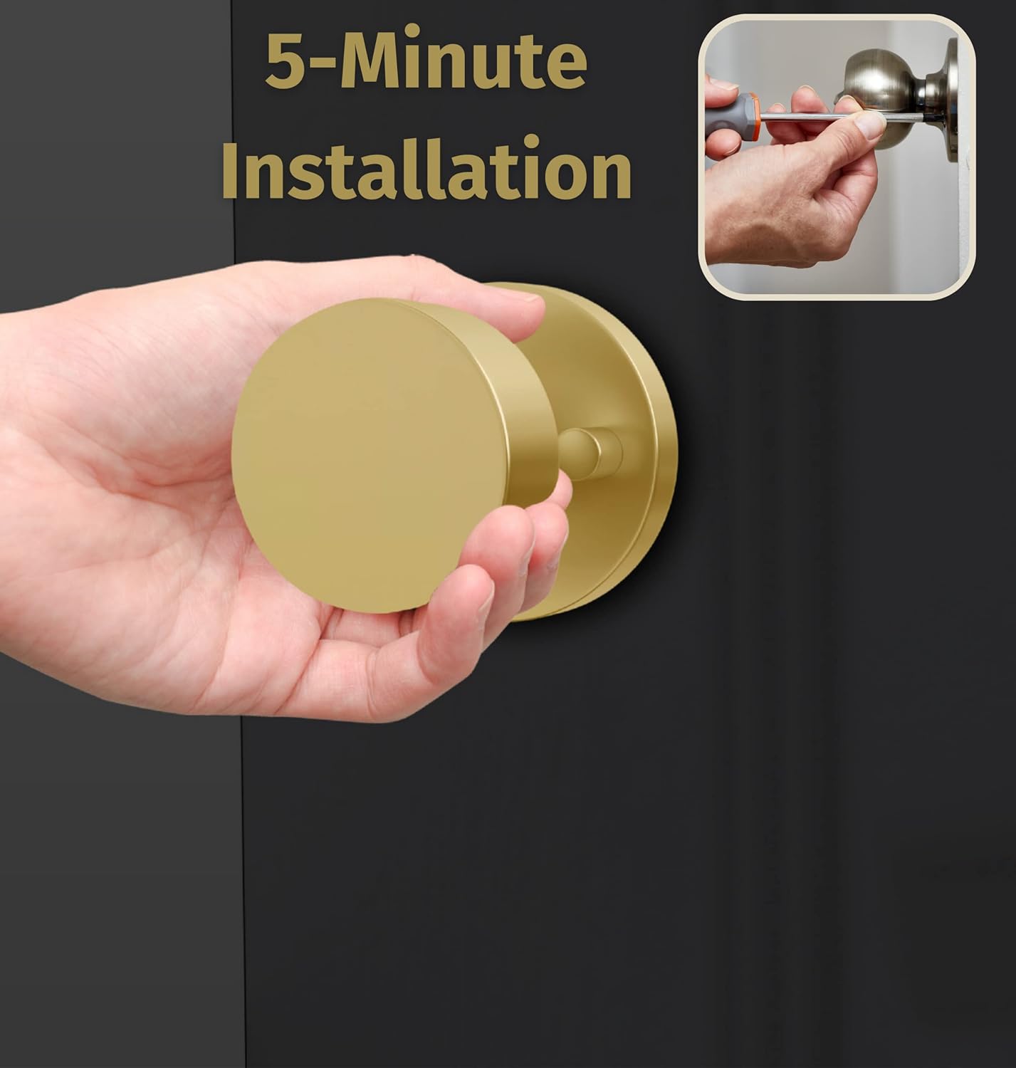 Gold Reversible Heavy Duty Door Knob for Hallway, Closet, Bathroom - Fits Standard Doors - Screws Included