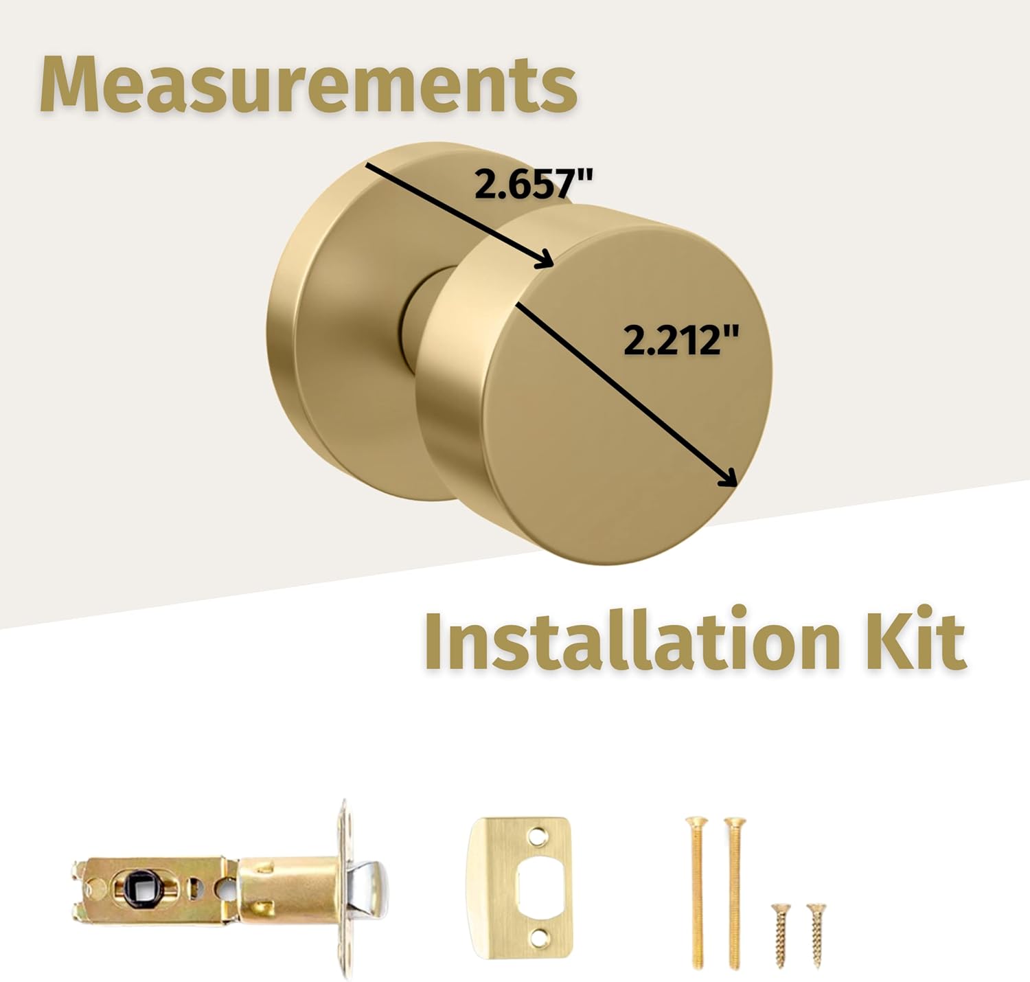 Gold Reversible Heavy Duty Door Knob for Hallway, Closet, Bathroom - Fits Standard Doors - Screws Included