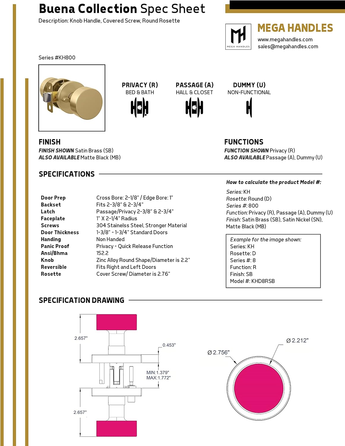 Gold Reversible Heavy Duty Door Knob for Hallway, Closet, Bathroom - Fits Standard Doors - Screws Included