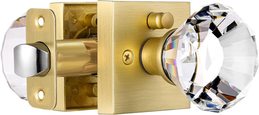 Gold Square Glass Crystal Door Knobs Set with Lock for Bedroom and Bathroom Privacy - Diamond Shape Keyless Design, Satin Brass Finish