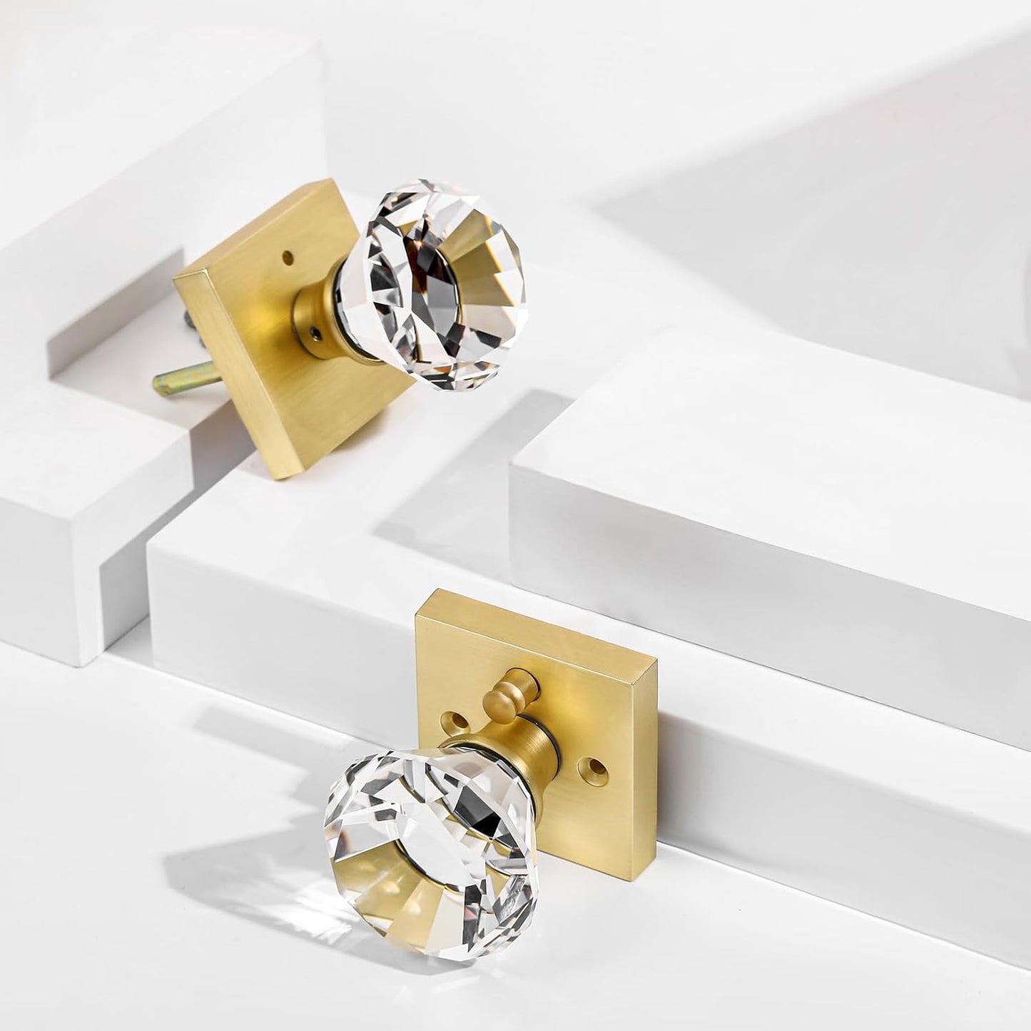 Gold Square Glass Crystal Door Knobs Set with Lock for Bedroom and Bathroom Privacy - Diamond Shape Keyless Design, Satin Brass Finish