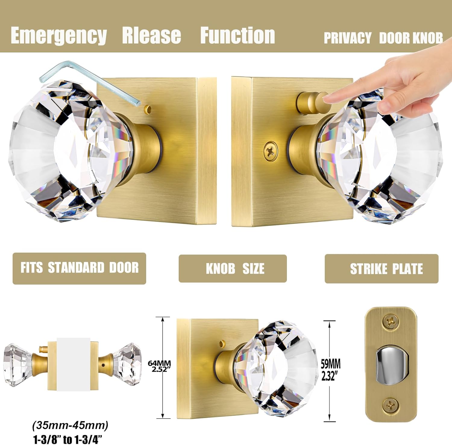 Gold Square Glass Crystal Door Knobs Set with Lock for Bedroom and Bathroom Privacy - Diamond Shape Keyless Design, Satin Brass Finish