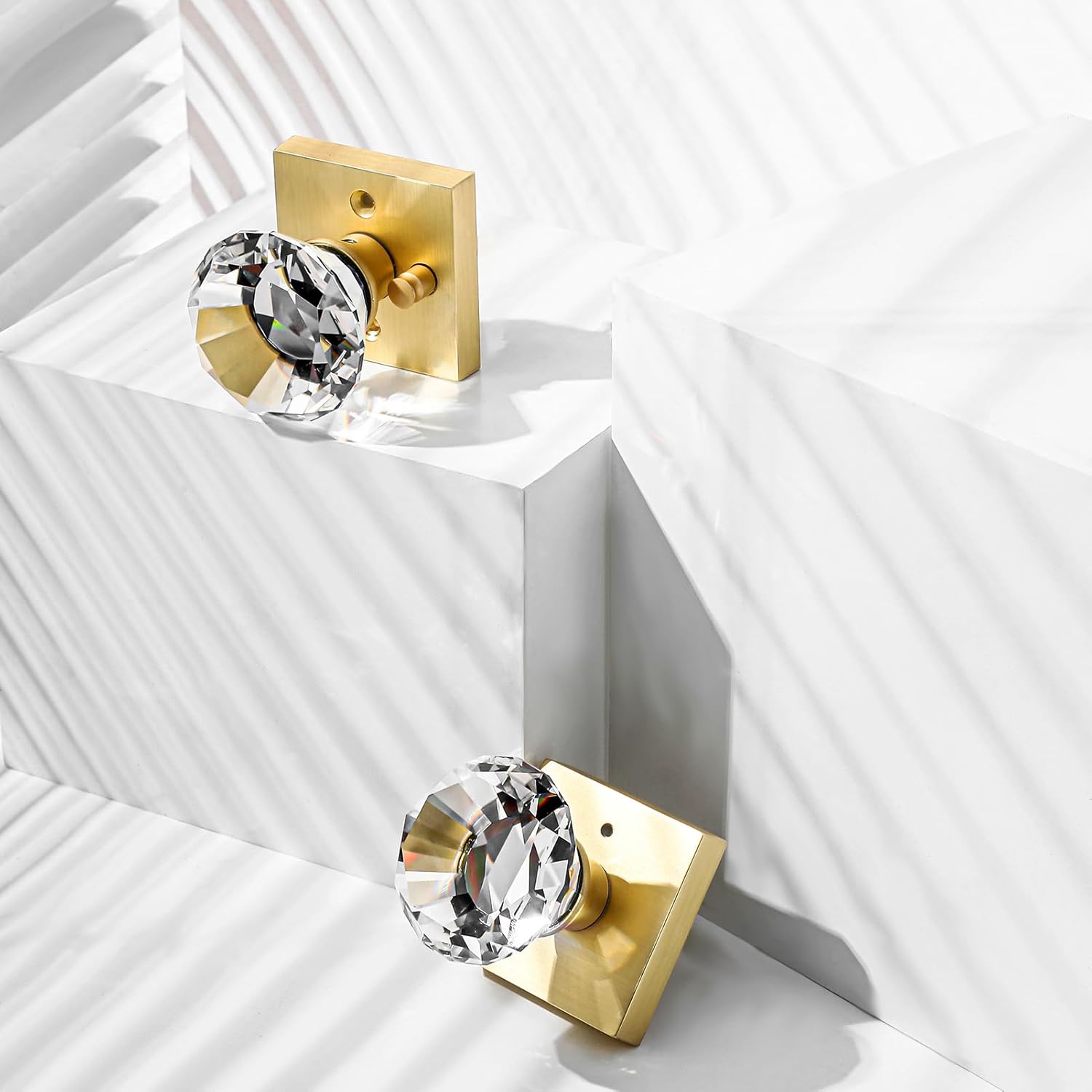 Gold Square Glass Crystal Door Knobs Set with Lock for Bedroom and Bathroom Privacy - Diamond Shape Keyless Design, Satin Brass Finish