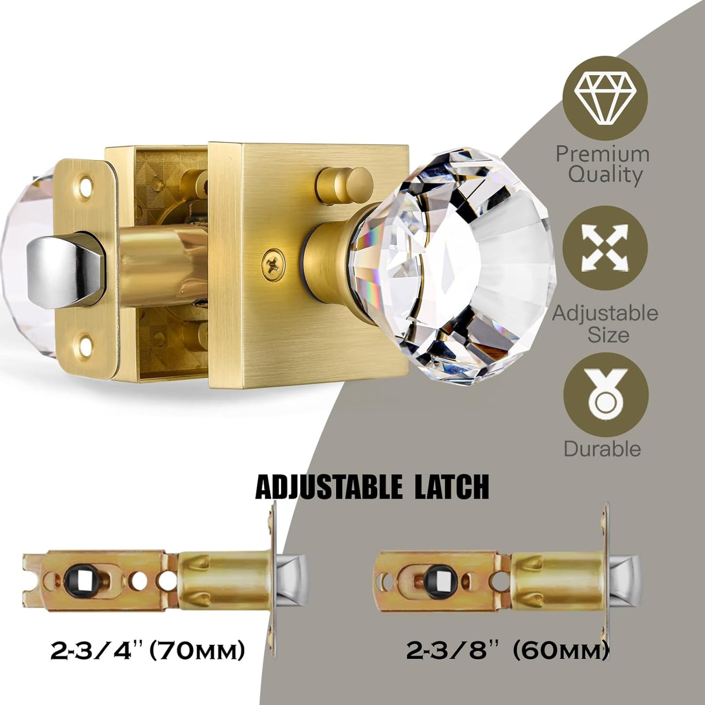 Gold Square Glass Crystal Door Knobs Set with Lock for Bedroom and Bathroom Privacy - Diamond Shape Keyless Design, Satin Brass Finish