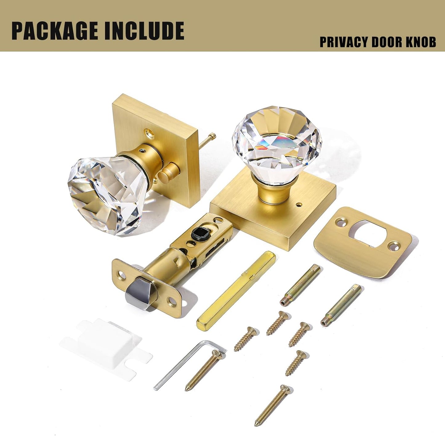 Gold Square Glass Crystal Door Knobs Set with Lock for Bedroom and Bathroom Privacy - Diamond Shape Keyless Design, Satin Brass Finish
