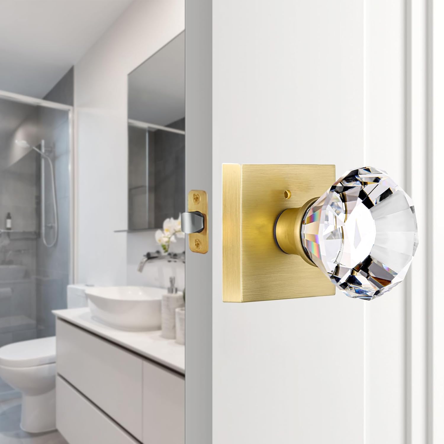 Gold Square Glass Crystal Door Knobs Set with Lock for Bedroom and Bathroom Privacy - Diamond Shape Keyless Design, Satin Brass Finish