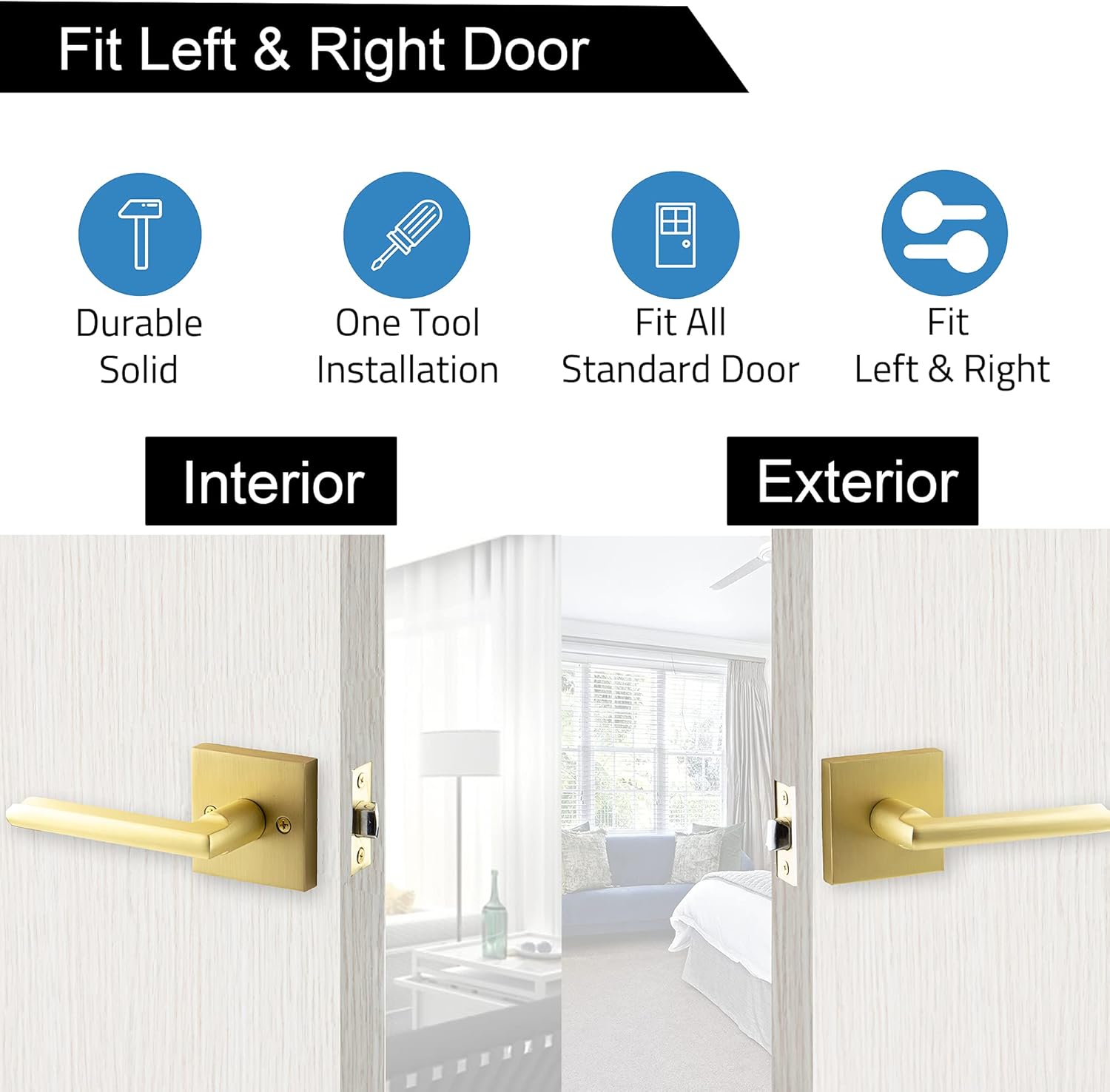 Gold Stain Brass Keyless Privacy Door Lever Handle with Lock - Exterior/Interior Function Handles