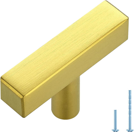 Gold T Bar Cabinet Knob for 2 Inch Square Cabinet Pulls - Brushed Brass Single Hole Handle