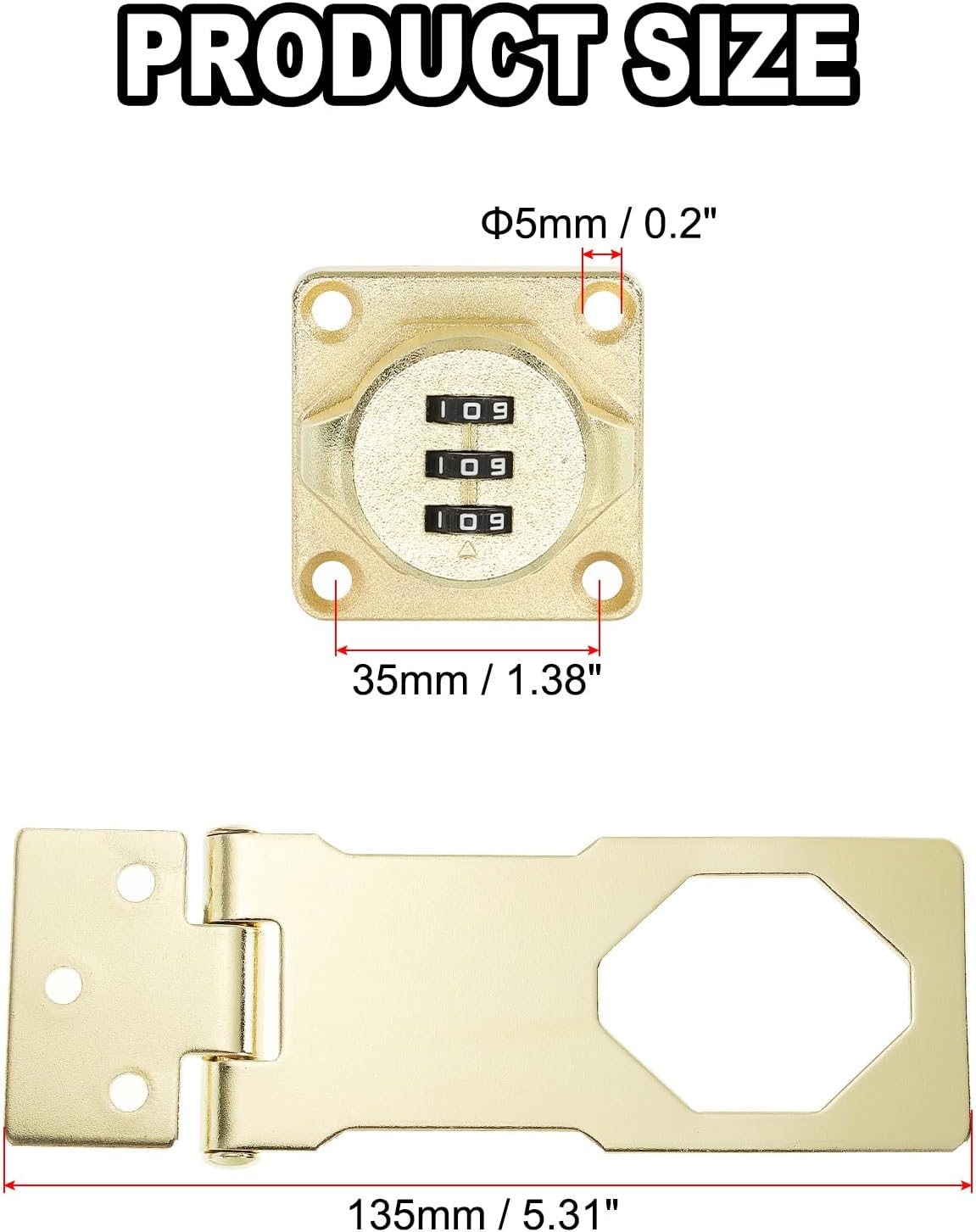 Gold Tone Cabinet Combination Lock with Three Hole Hasp and 3 Digit Password for Drawer and Cabinet