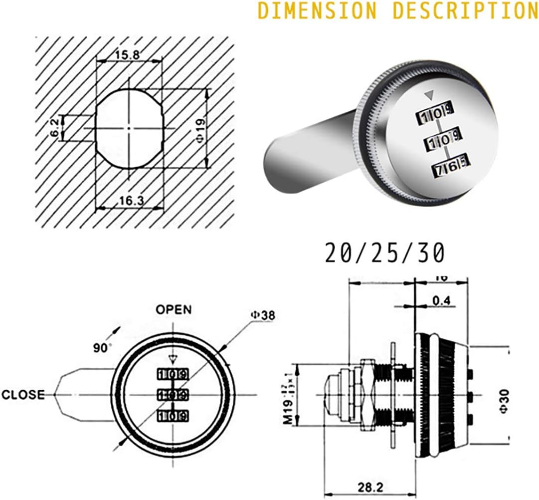 Gold Zinc Alloy 20mm Combination Padlock for Drawers, Mailboxes, File Cabinets - Round Lock for Office, Electric Box - Metal Cam Locks