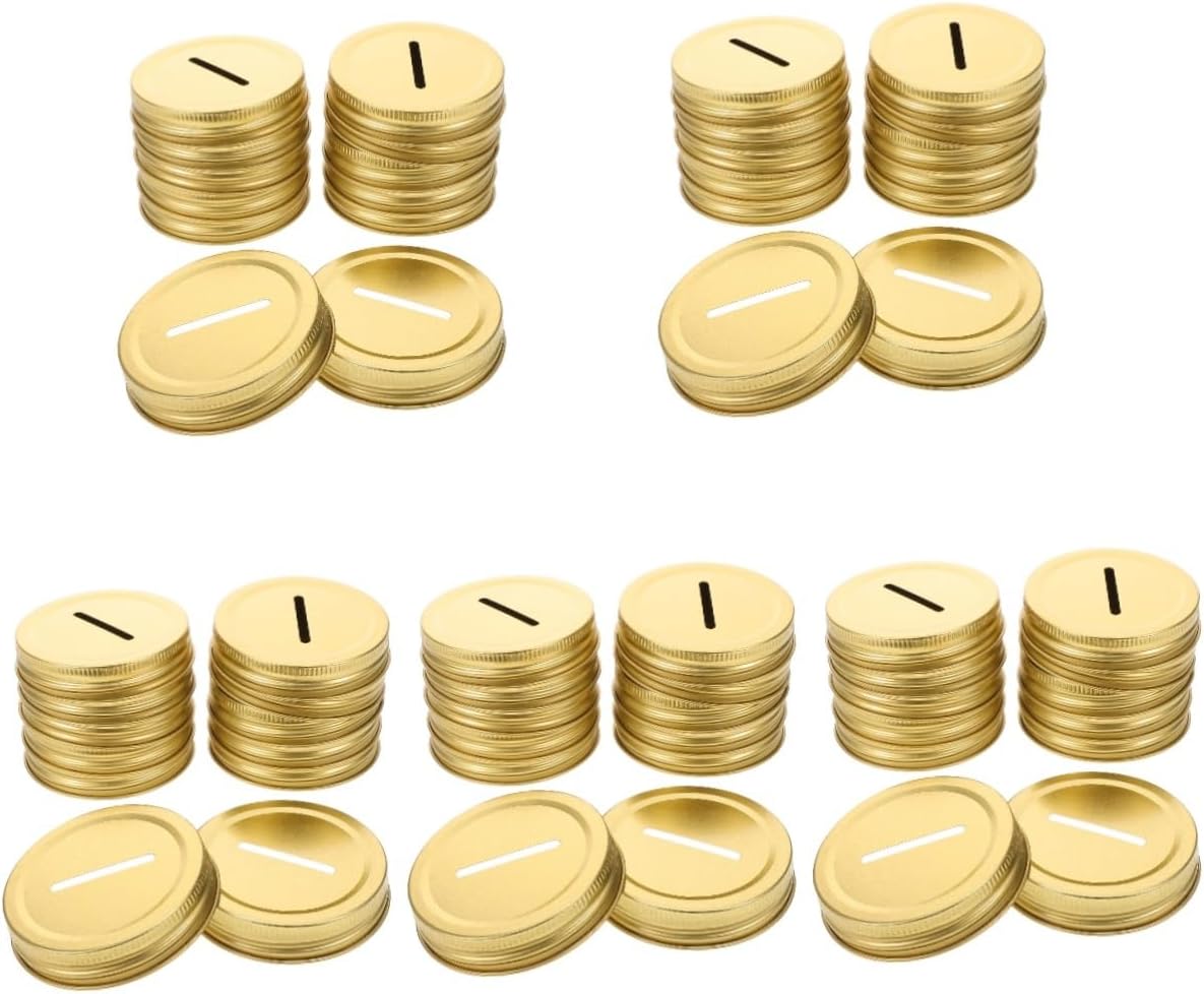 Golden Tinplate Piggy Bank Coin Slot Caps for Wide Mouth Mason Jars - 60 Pcs Sealing Canning Covers