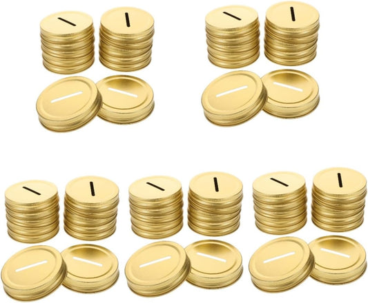 Golden Tinplate Piggy Bank Coin Slot Caps for Wide Mouth Mason Jars - 60 Pcs Sealing Canning Covers