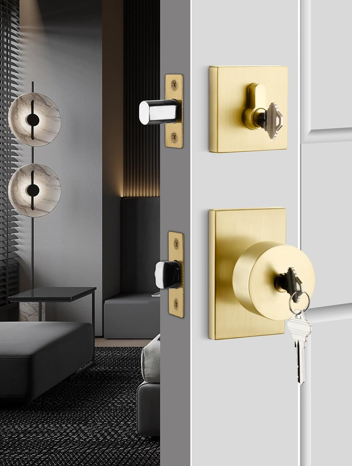 Goldenwarm Brushed Gold Exterior Door Knob and Deadbolt Set - Heavy Duty Brass Front Entry Lockset (1 Pack)