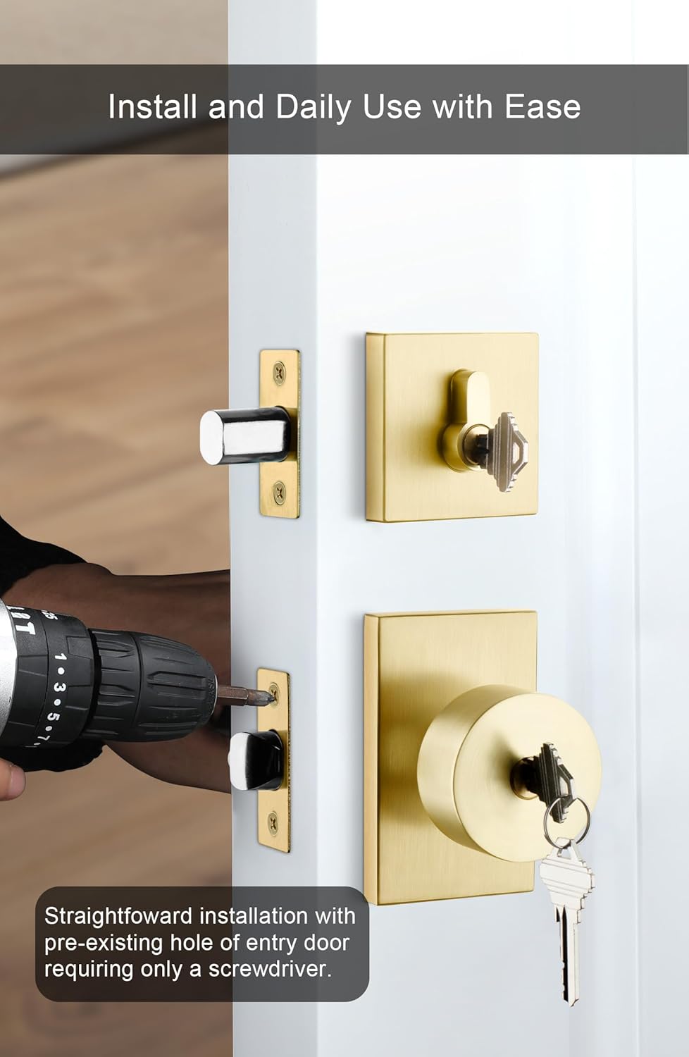 Goldenwarm Brushed Gold Exterior Door Knob and Deadbolt Set - Heavy Duty Brass Front Entry Lockset (1 Pack)