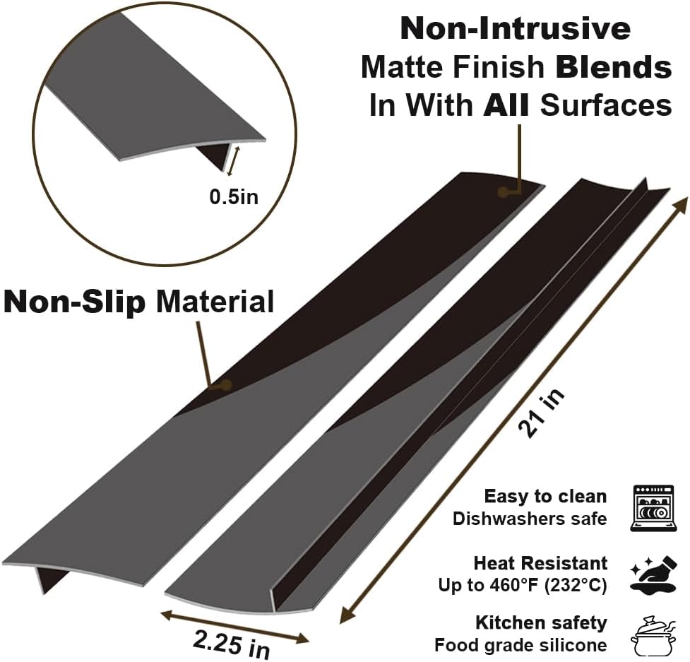 Gosmol Silicone Kitchen Counter Gap Covers Set of 2 - Anti-Slip Filler Seals Spills Between Stovetop, Oven, Washer - 21 Inches Black