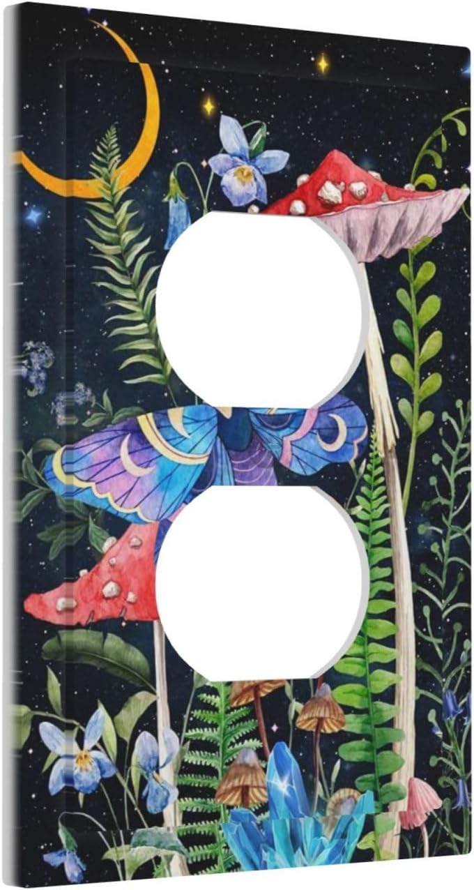 Gothic Boho Hippie Butterfly Mushroom Plants Moon Stars Botanical Moth Electrical Wall Plate - 1 Gang Outlet Cover Switch Faceplate