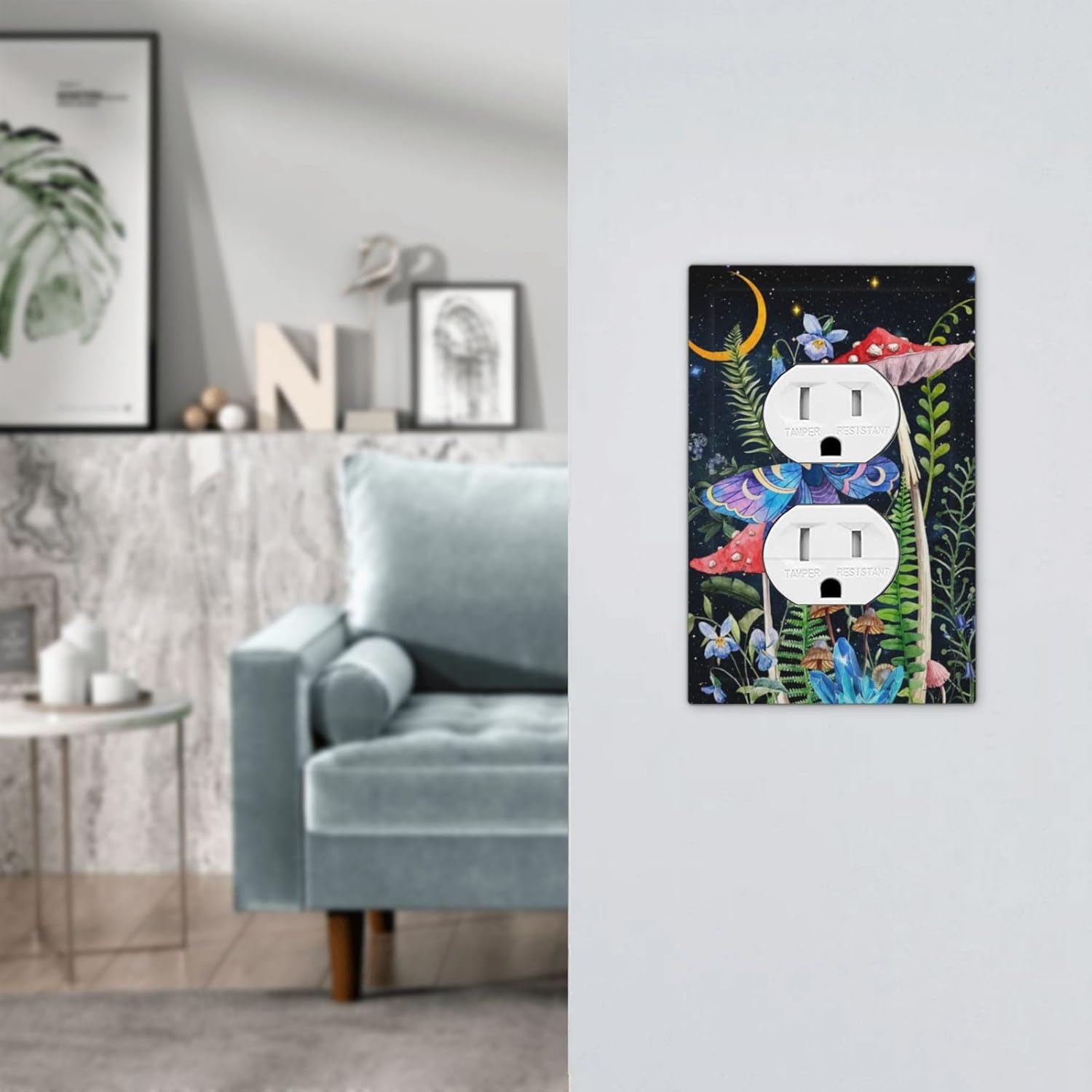 Gothic Boho Hippie Butterfly Mushroom Plants Moon Stars Botanical Moth Electrical Wall Plate - 1 Gang Outlet Cover Switch Faceplate