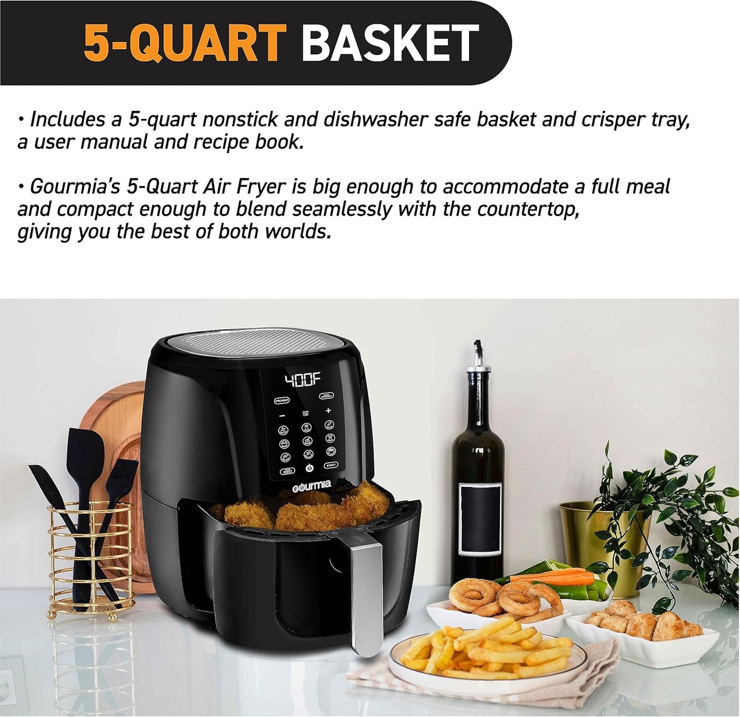 Gourmia 5 Quart Air Fryer Oven with Digital Display, 12 Cooking Presets, XL Basket, 1500w Power - Black/Stainless Steel