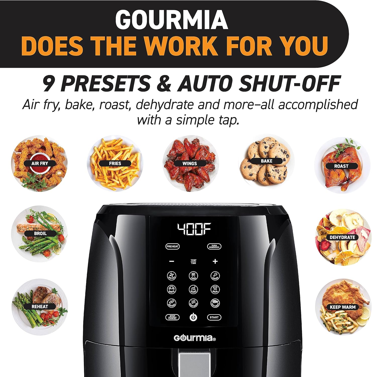Gourmia 5 Quart Air Fryer Oven with Digital Display, 12 Cooking Presets, XL Basket, 1500w Power - Black/Stainless Steel