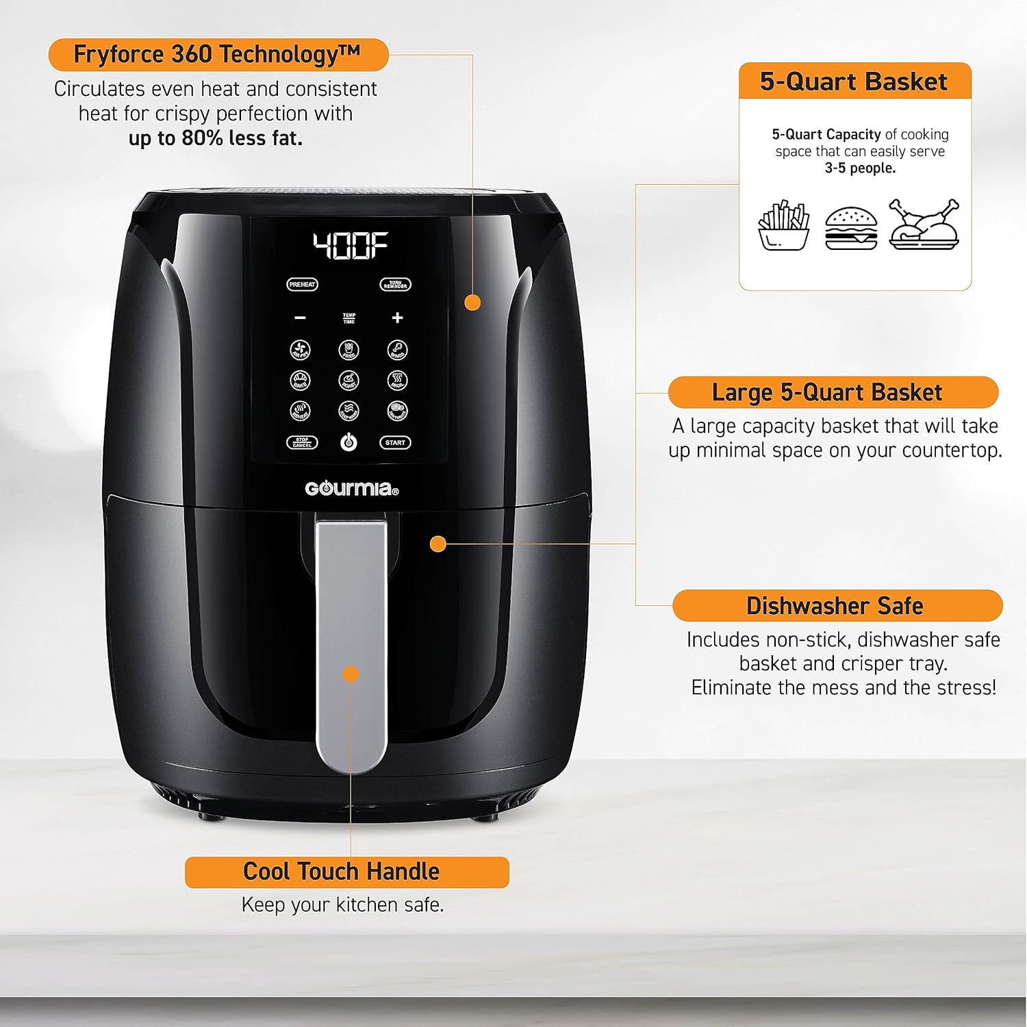 Gourmia 5 Quart Air Fryer Oven with Digital Display, 12 Cooking Presets, XL Basket, 1500w Power - Black/Stainless Steel