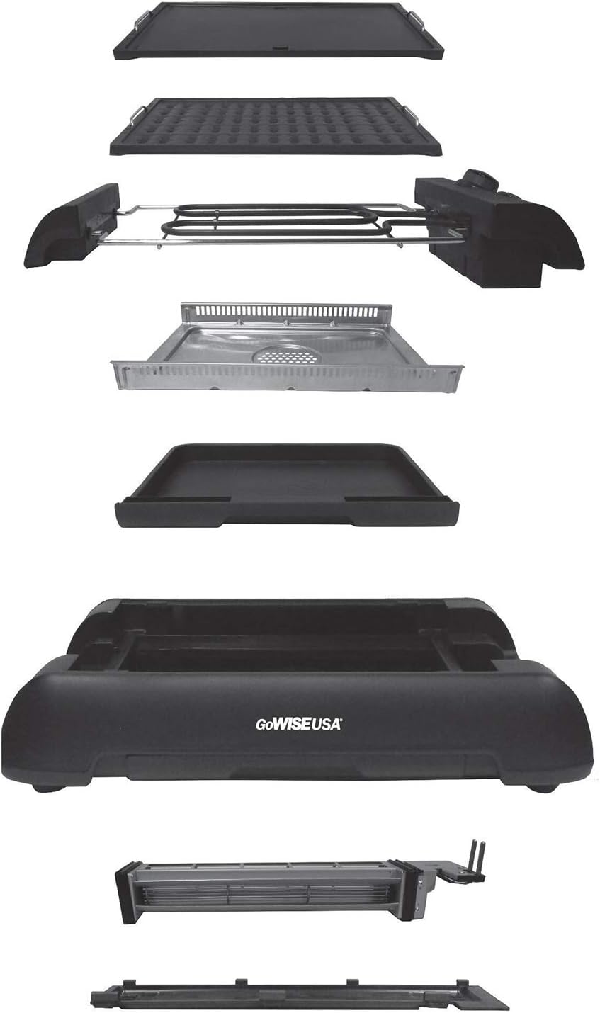 GoWISE USA GW88000 2-in-1 Smokeless Indoor Grill & Griddle with Interchangeable Plates & Drip Pan - Black - Large - Includes 20 Recipes